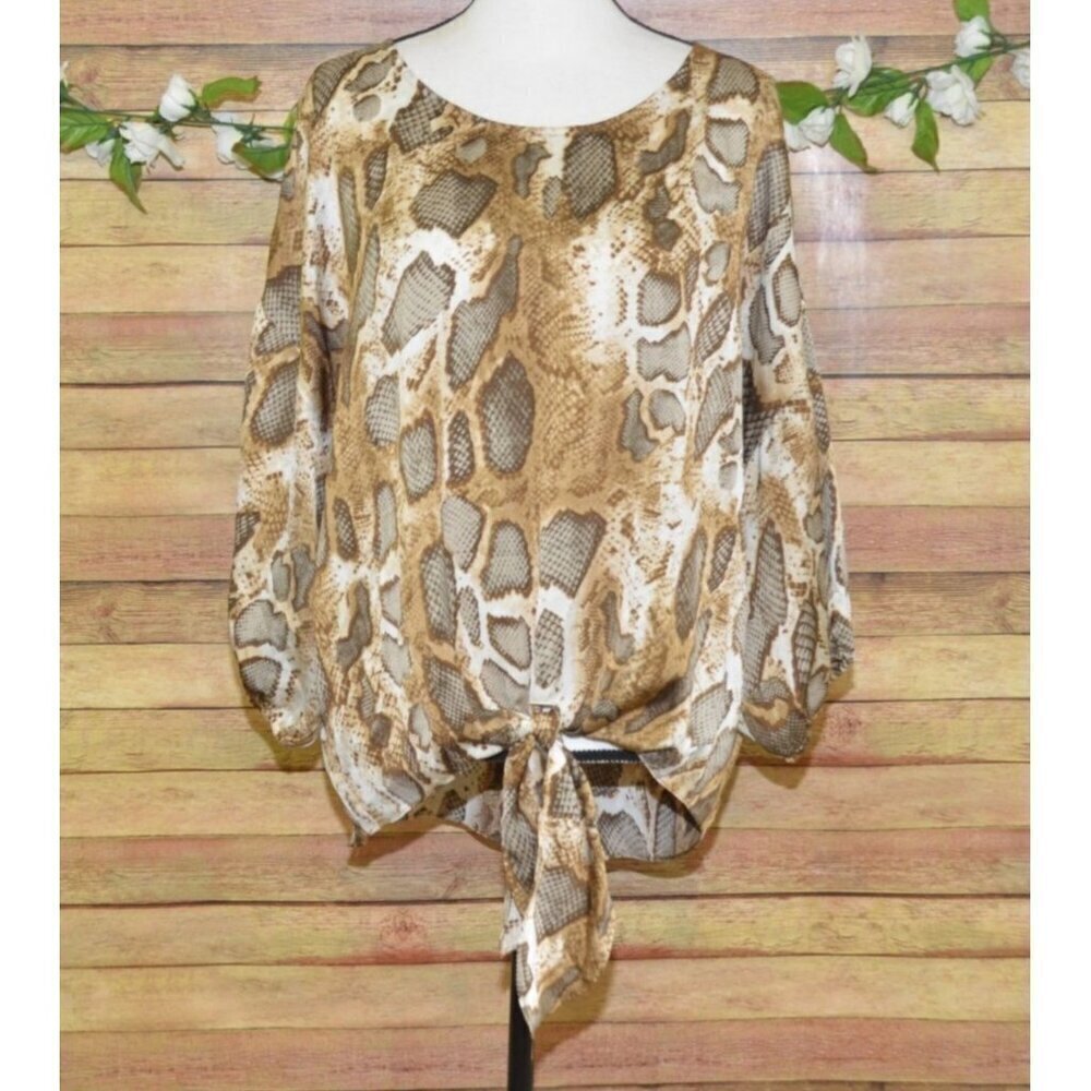 See and Be Seen Ladies L Brown Tie Front Sexy Snakeskin Blouse Top Short Sleeve